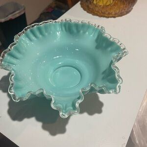 Vintage Rare Teal or Turquoise Silver Crest Fenton Bowl with Ruffled Rim, 10"